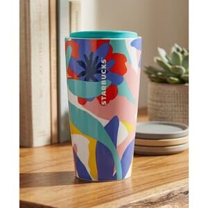 Starbucks 2021 Floral Ceramic Tumbler 12 oz w Lid Colorful Abstract Flowers